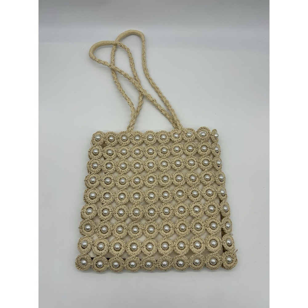 Haute Hippie Style Pearl Straw Raffia Handwoven Crochet Boho Beach Tote Bag